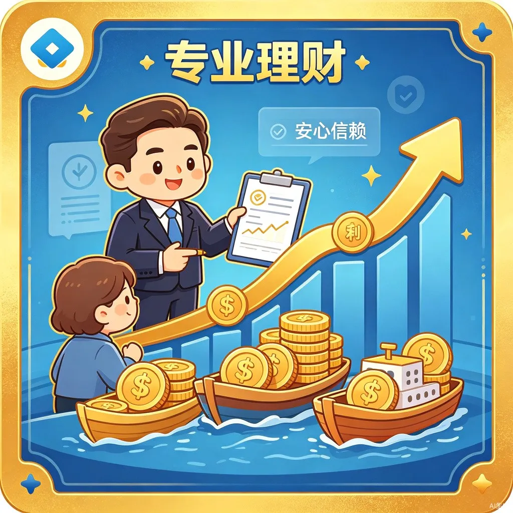 基金定投组合卡牌卡面:理财顾问与孩子、上升箭头与运金币的小船