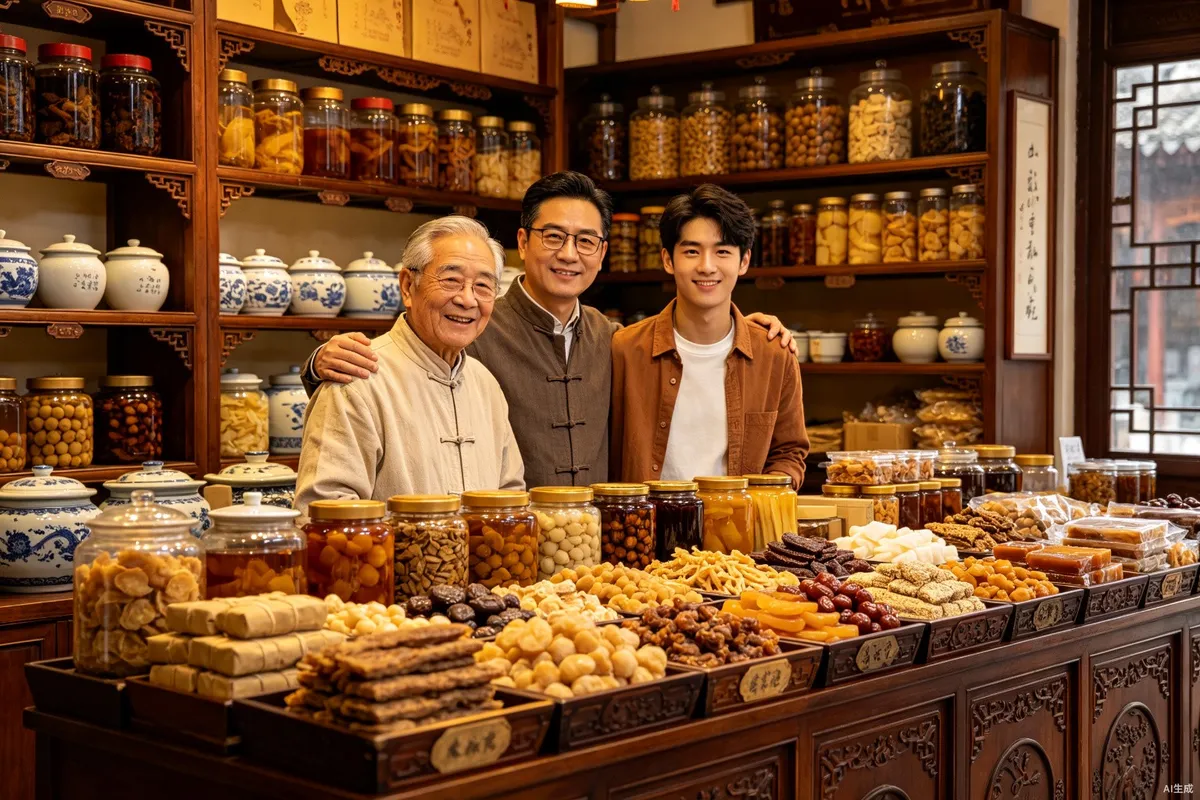 资产卡素材概念图:祖孙三代站在传统商号的货柜前,柜台与货架摆满罐装干货