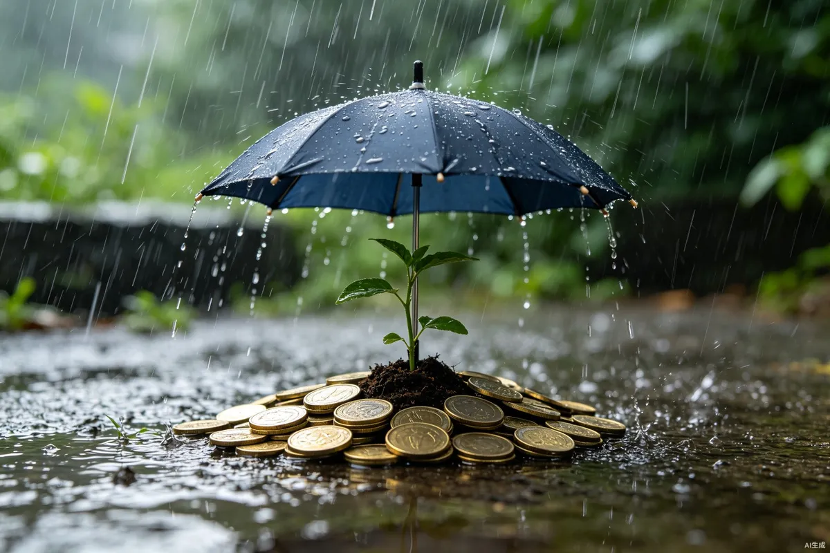 机会卡素材概念图:一把雨伞为一株从硬币堆里长出的幼苗挡雨,隐喻应急金与风险保障