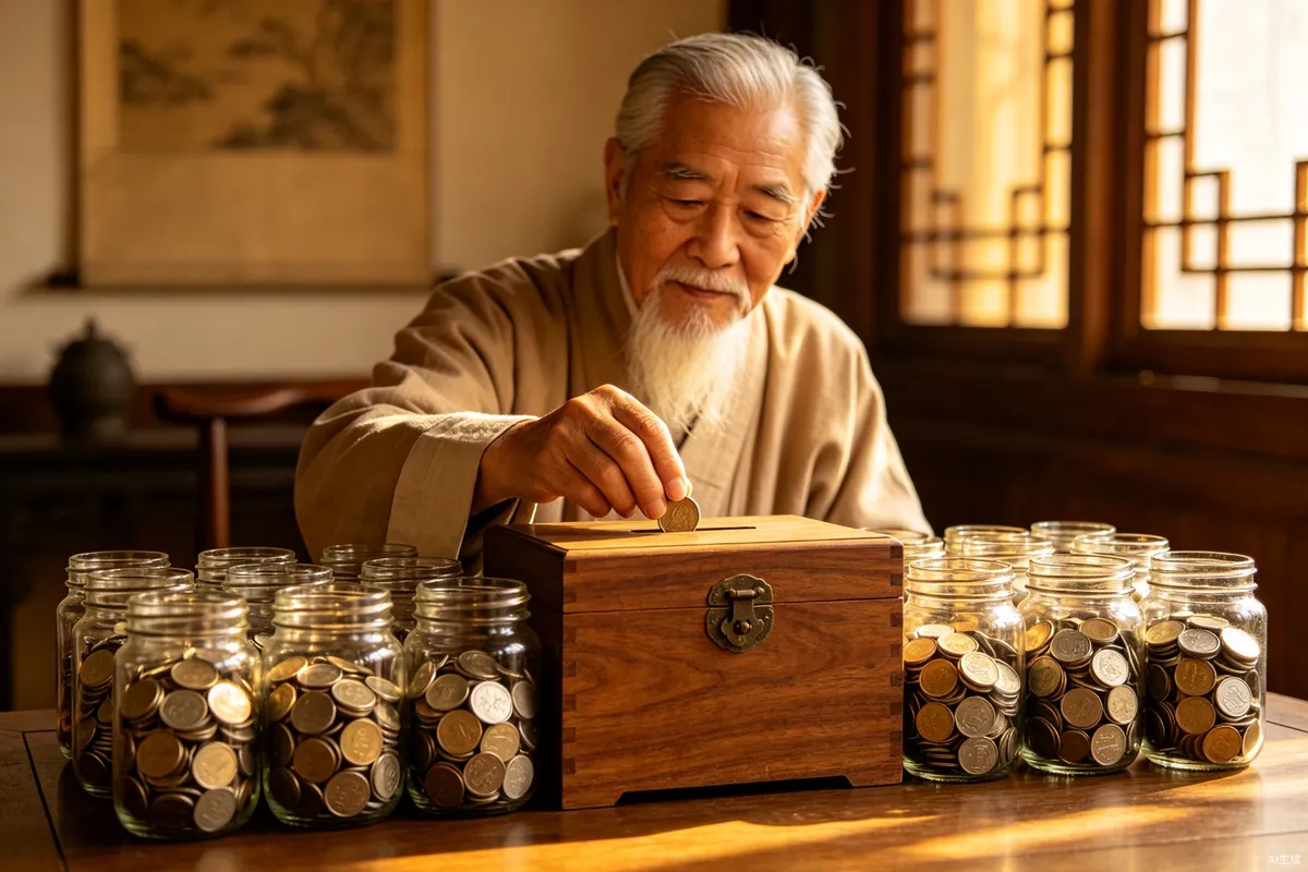 功能卡素材概念图:长者在窗前把一枚硬币投入木质存钱罐,桌上一排装满零钱的玻璃罐