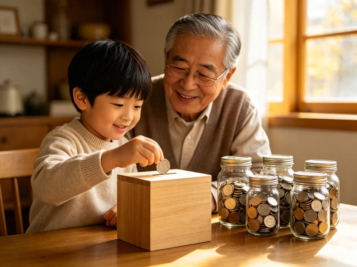 祖孙两人一起把硬币放进木质存钱罐,桌上摆着几只装满零钱的玻璃罐——亲子财商启蒙场景概念图